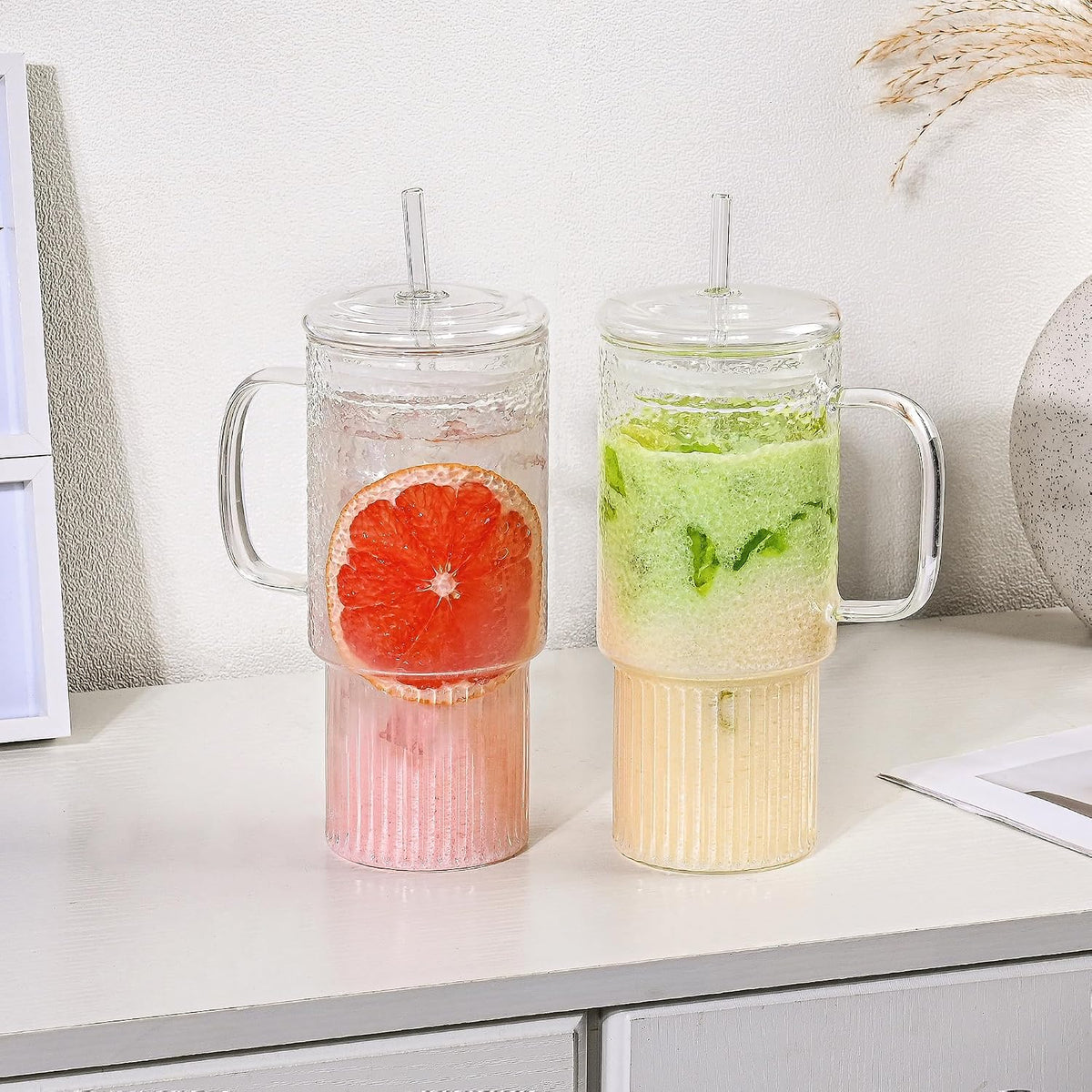 32oz Ribbed Borosilicate Glass Tumbler with Handle, Bamboo Lid and Straw (clear-1 Pack-Bamboo Lid)