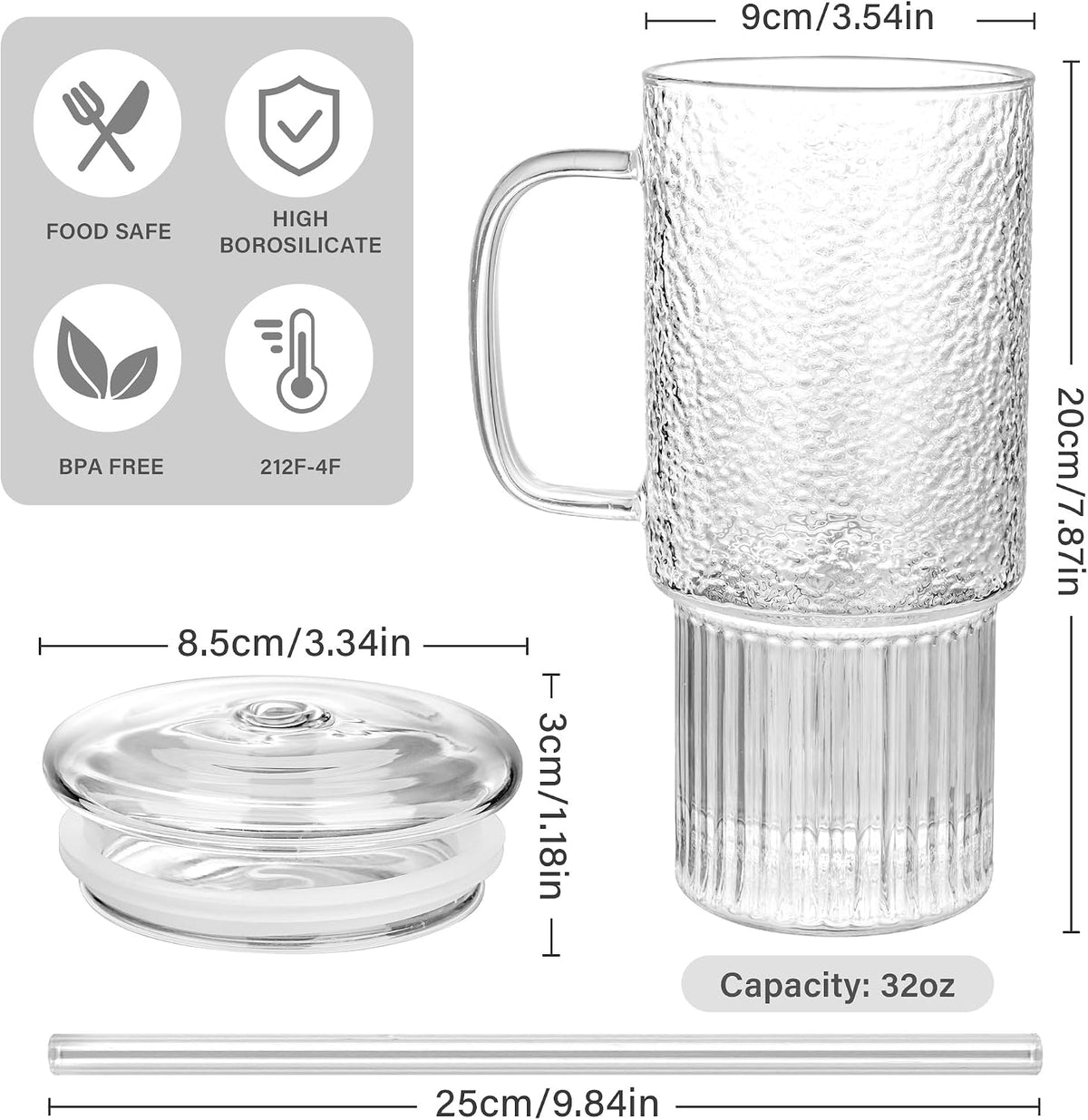32oz Ribbed Borosilicate Glass Tumbler with Handle, Bamboo Lid and Straw (clear-1 Pack-Bamboo Lid)