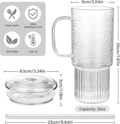 32oz Ribbed Borosilicate Glass Tumbler with Handle, Bamboo Lid and Straw (clear-1 Pack-Bamboo Lid)