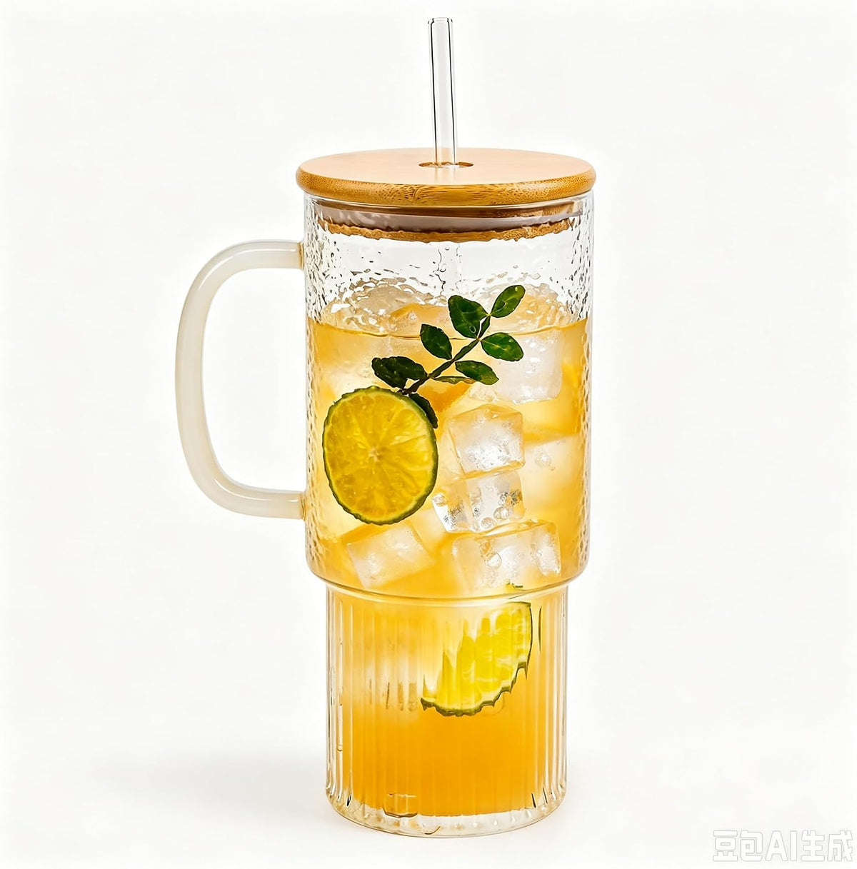 32oz Ribbed Borosilicate Glass Tumbler with Handle, Bamboo Lid and Straw (clear-1 Pack-Bamboo Lid)
