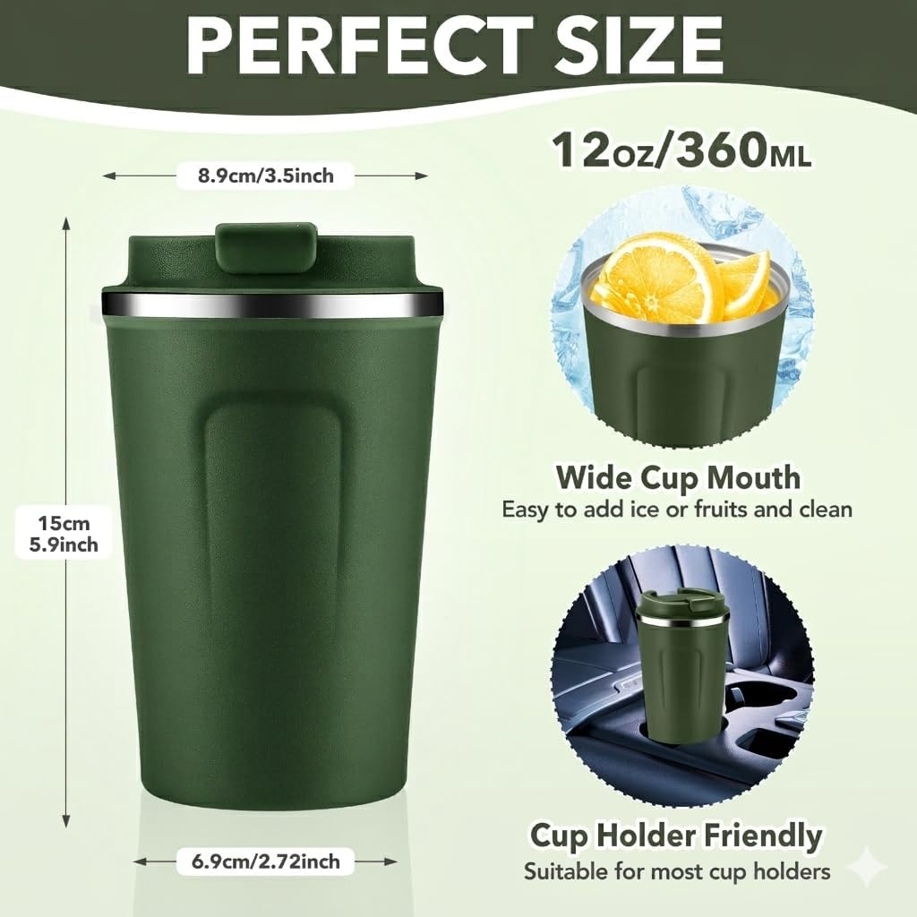 Volhoply 12 oz Double Wall Insulated Vacuum Travel Coffee Mug with Flip Lid,Reusable Stainless Steel Leak Proof Coffee Cup,Portable Cafe Thermal Tumbler Suitable for Hot&Cold Drinks(Dark Night,1 Set)