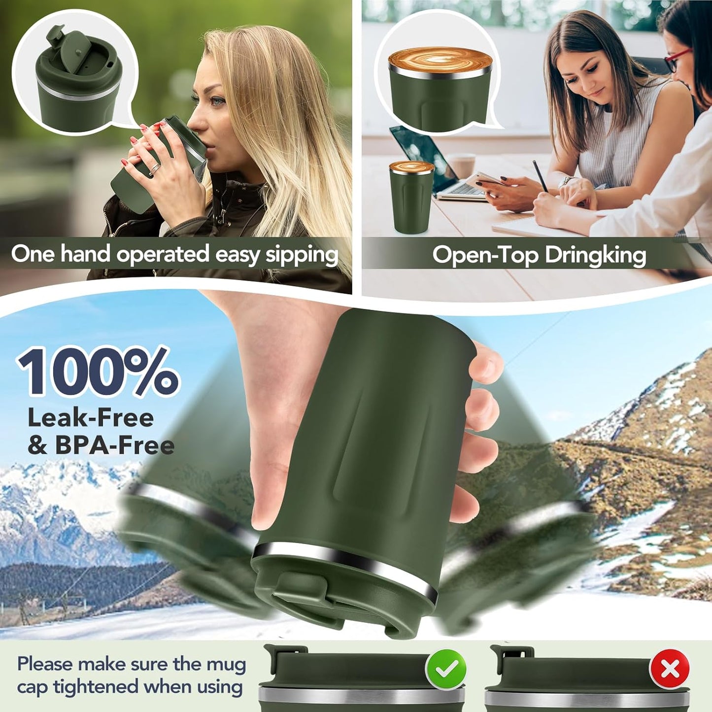 Volhoply 12 oz Double Wall Insulated Vacuum Travel Coffee Mug with Flip Lid,Reusable Stainless Steel Leak Proof Coffee Cup,Portable Cafe Thermal Tumbler Suitable for Hot&Cold Drinks(Dark Night,1 Set)