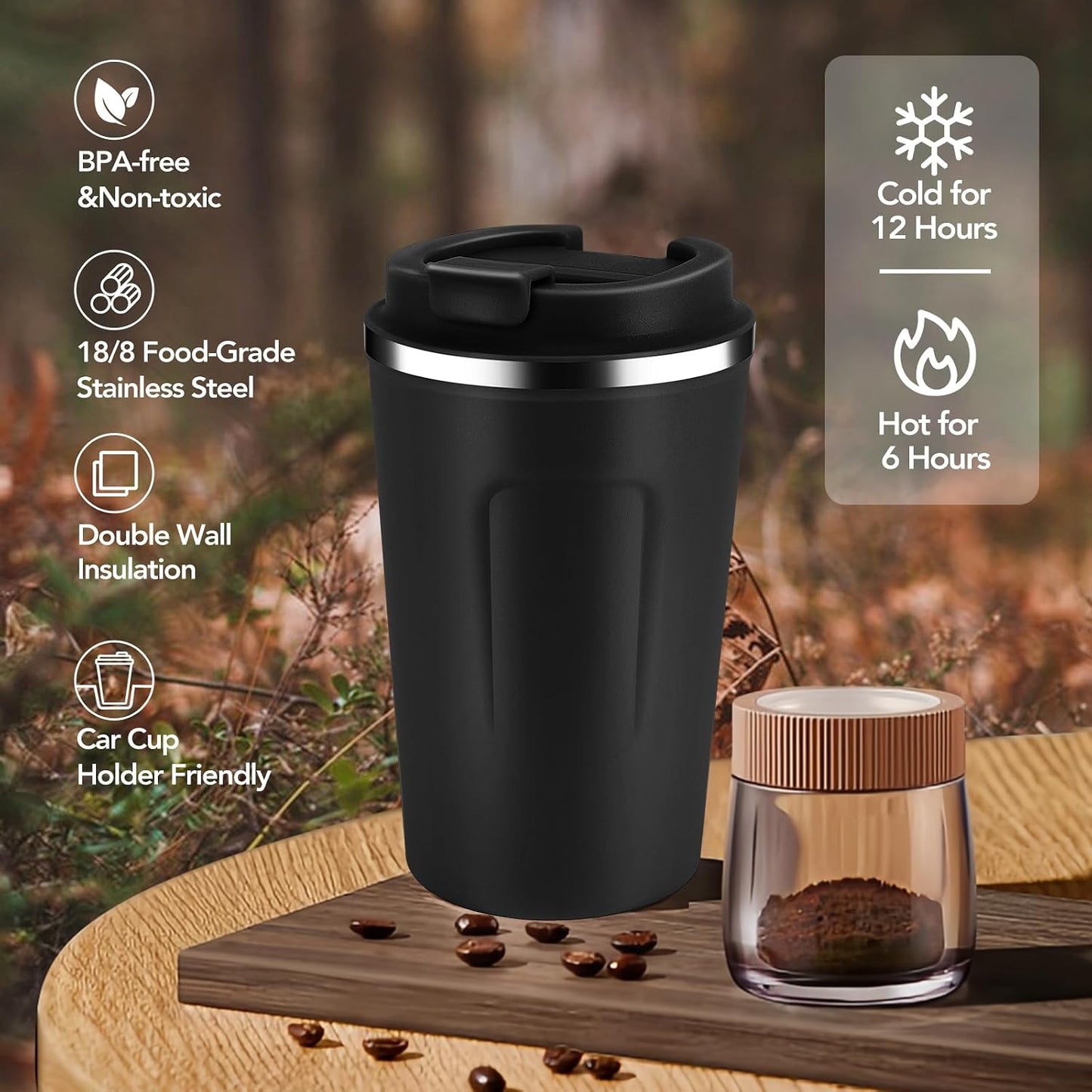 Volhoply 12 oz Double Wall Insulated Vacuum Travel Coffee Mug with Flip Lid,Reusable Stainless Steel Leak Proof Coffee Cup,Portable Cafe Thermal Tumbler Suitable for Hot&Cold Drinks(Dark Night,1 Set)