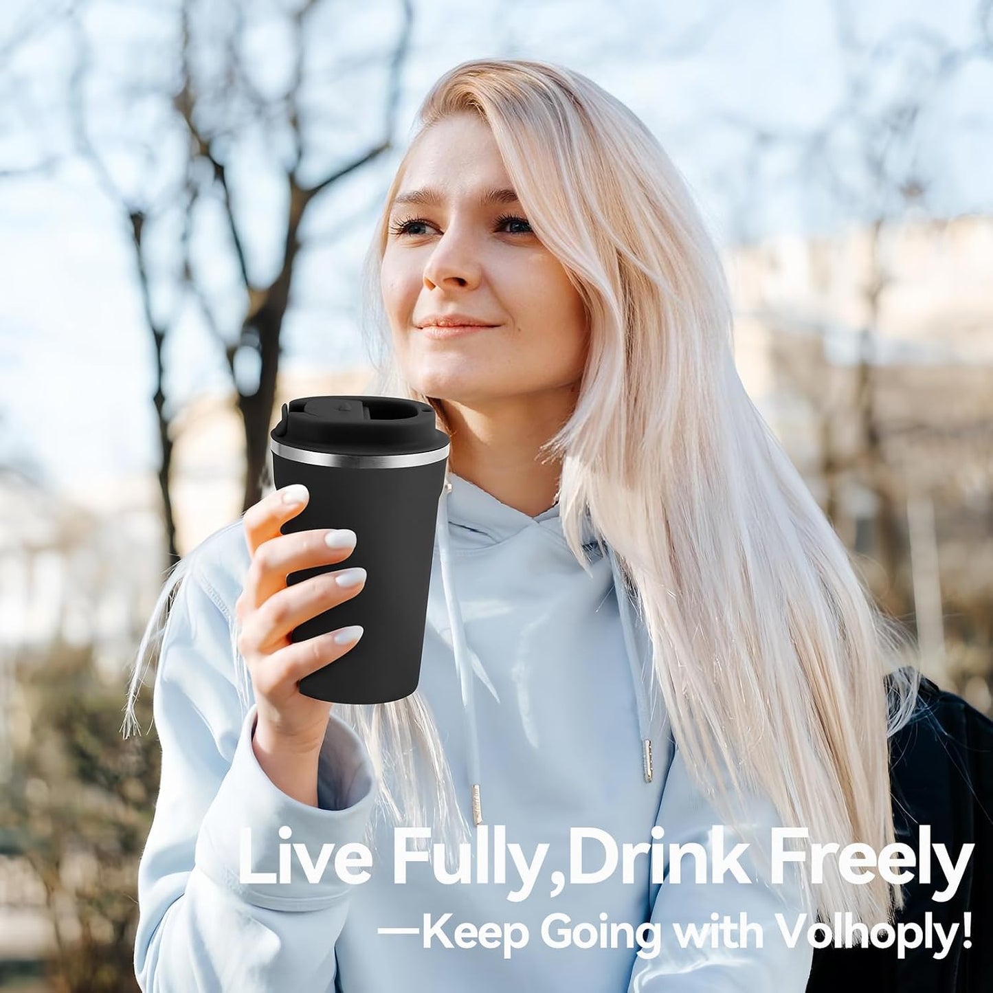 Volhoply 12 oz Double Wall Insulated Vacuum Travel Coffee Mug with Flip Lid,Reusable Stainless Steel Leak Proof Coffee Cup,Portable Cafe Thermal Tumbler Suitable for Hot&Cold Drinks(Dark Night,1 Set)