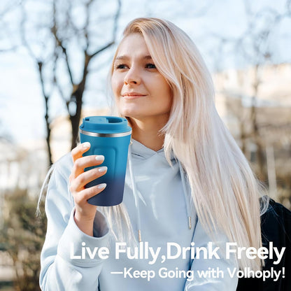 Volhoply 12 oz Double Wall Insulated Vacuum Travel Coffee Mug with Flip Lid,Reusable Stainless Steel Leak Proof Coffee Cup,Portable Cafe Thermal Tumbler Suitable for Hot&Cold Drinks(Dark Night,1 Set)
