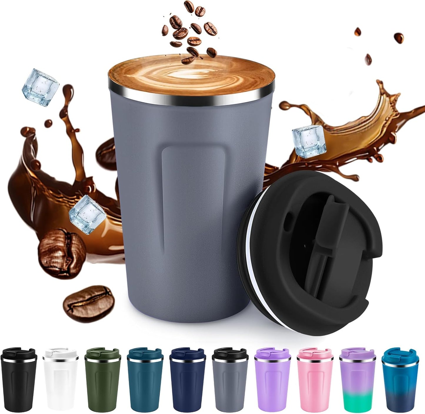 Volhoply 12 oz Double Wall Insulated Vacuum Travel Coffee Mug with Flip Lid,Reusable Stainless Steel Leak Proof Coffee Cup,Portable Cafe Thermal Tumbler Suitable for Hot&Cold Drinks(Dark Night,1 Set)
