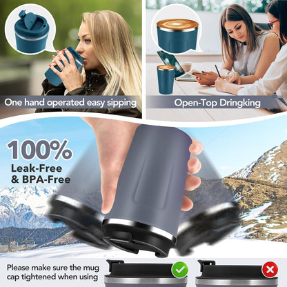 Volhoply 12 oz Double Wall Insulated Vacuum Travel Coffee Mug with Flip Lid,Reusable Stainless Steel Leak Proof Coffee Cup,Portable Cafe Thermal Tumbler Suitable for Hot&Cold Drinks(Dark Night,1 Set)