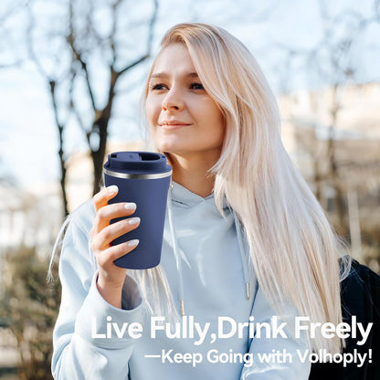 Volhoply 12 oz Double Wall Insulated Vacuum Travel Coffee Mug with Flip Lid,Reusable Stainless Steel Leak Proof Coffee Cup,Portable Cafe Thermal Tumbler Suitable for Hot&Cold Drinks(Dark Night,1 Set)