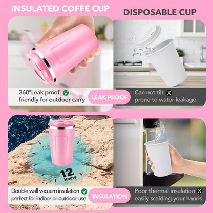 Volhoply 12 oz Double Wall Insulated Vacuum Travel Coffee Mug with Flip Lid,Reusable Stainless Steel Leak Proof Coffee Cup,Portable Cafe Thermal Tumbler Suitable for Hot&Cold Drinks(Dark Night,1 Set)