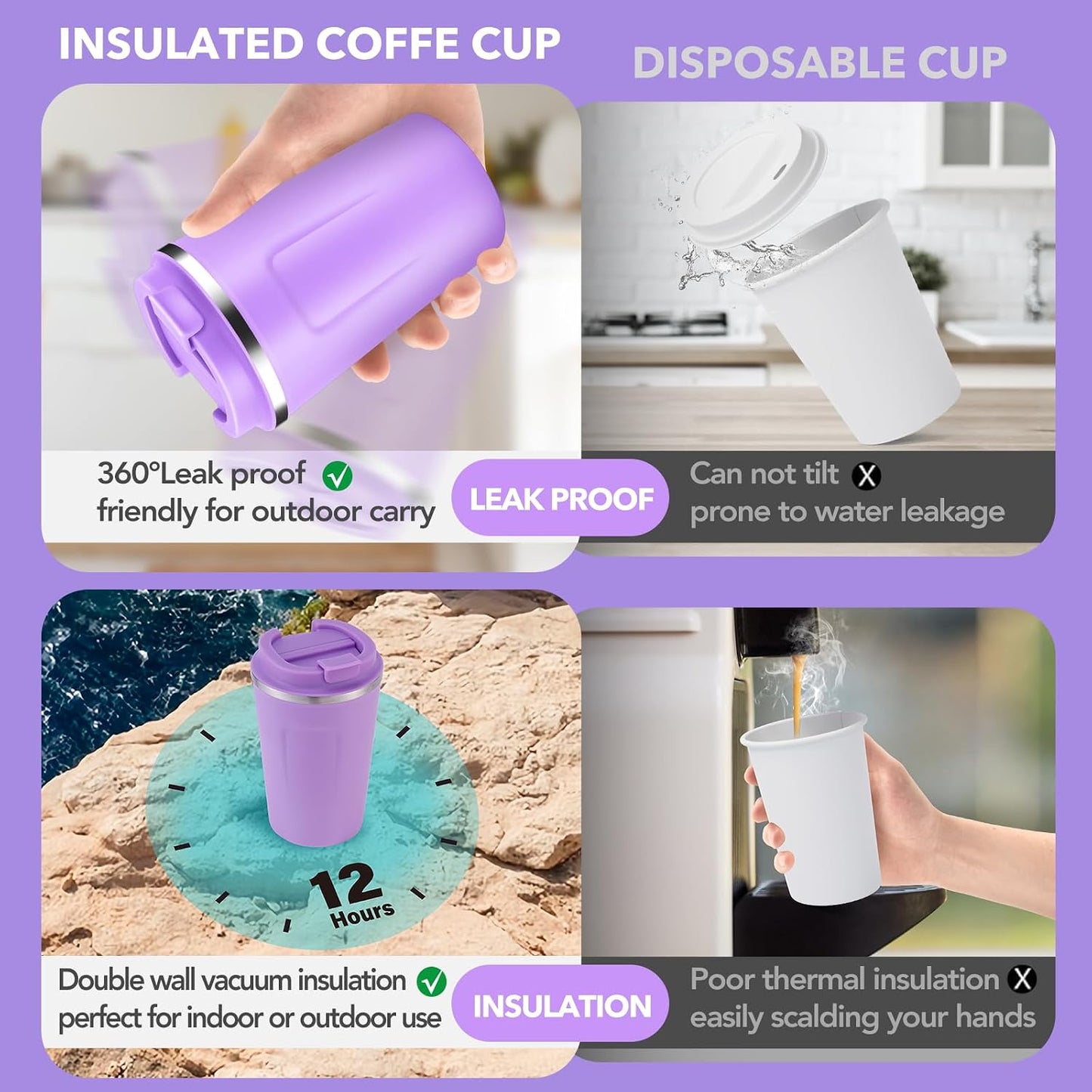 Volhoply 12 oz Double Wall Insulated Vacuum Travel Coffee Mug with Flip Lid,Reusable Stainless Steel Leak Proof Coffee Cup,Portable Cafe Thermal Tumbler Suitable for Hot&Cold Drinks(Dark Night,1 Set)