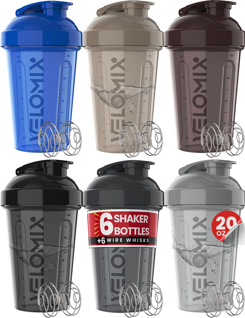 6 Pack 20oz Protein Shaker Bottle for Protein Mixes, All in Black