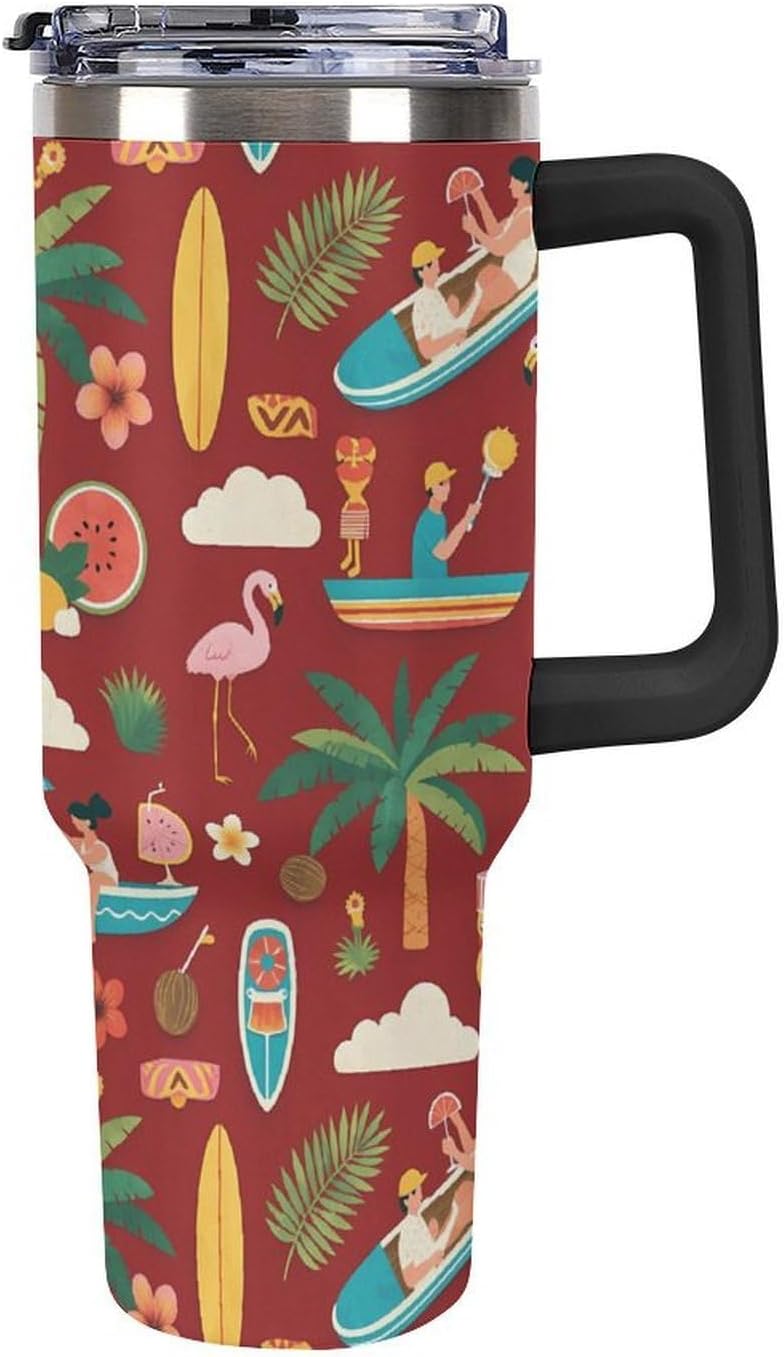 Leakproof Tumbler Vacuum Sealed Car Holder Friendly For Travel Teal And Peach Tropical Palm Leaf Pattern Water Tumbler white-style-23 - Colors C