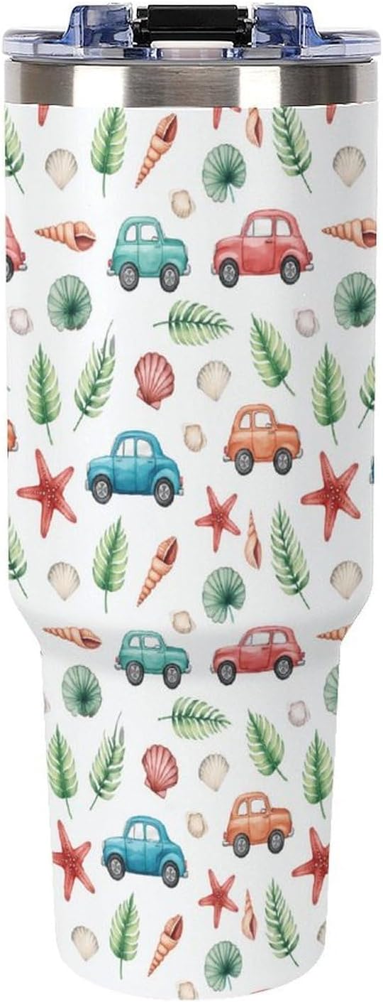 Leakproof Tumbler Vacuum Sealed Car Holder Friendly For Travel Teal And Peach Tropical Palm Leaf Pattern Water Tumbler white-style-23 - Colors C