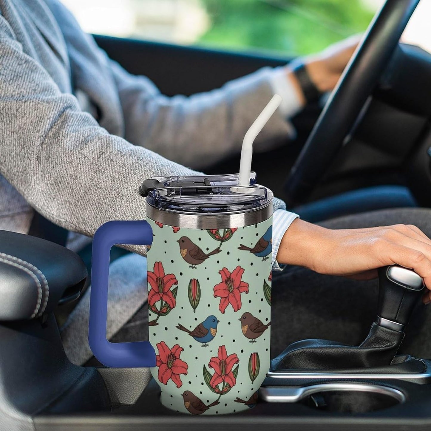 Leakproof Tumbler Vacuum Sealed Car Holder Friendly For Travel Teal And Peach Tropical Palm Leaf Pattern Water Tumbler white-style-23 - Colors C