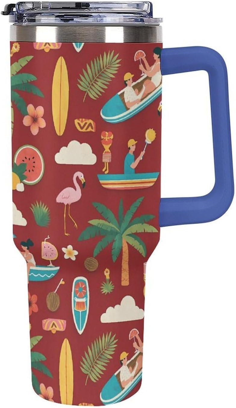 Leakproof Tumbler Vacuum Sealed Car Holder Friendly For Travel Teal And Peach Tropical Palm Leaf Pattern Water Tumbler white-style-23 - Colors C