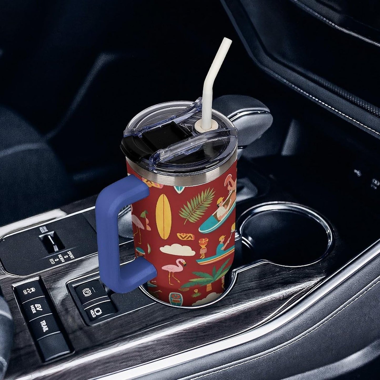 Leakproof Tumbler Vacuum Sealed Car Holder Friendly For Travel Teal And Peach Tropical Palm Leaf Pattern Water Tumbler white-style-23 - Colors C