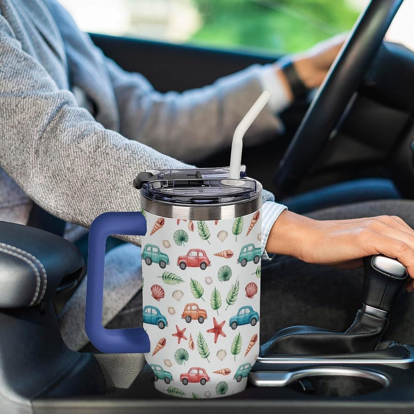 Leakproof Tumbler Vacuum Sealed Car Holder Friendly For Travel Teal And Peach Tropical Palm Leaf Pattern Water Tumbler white-style-23 - Colors C