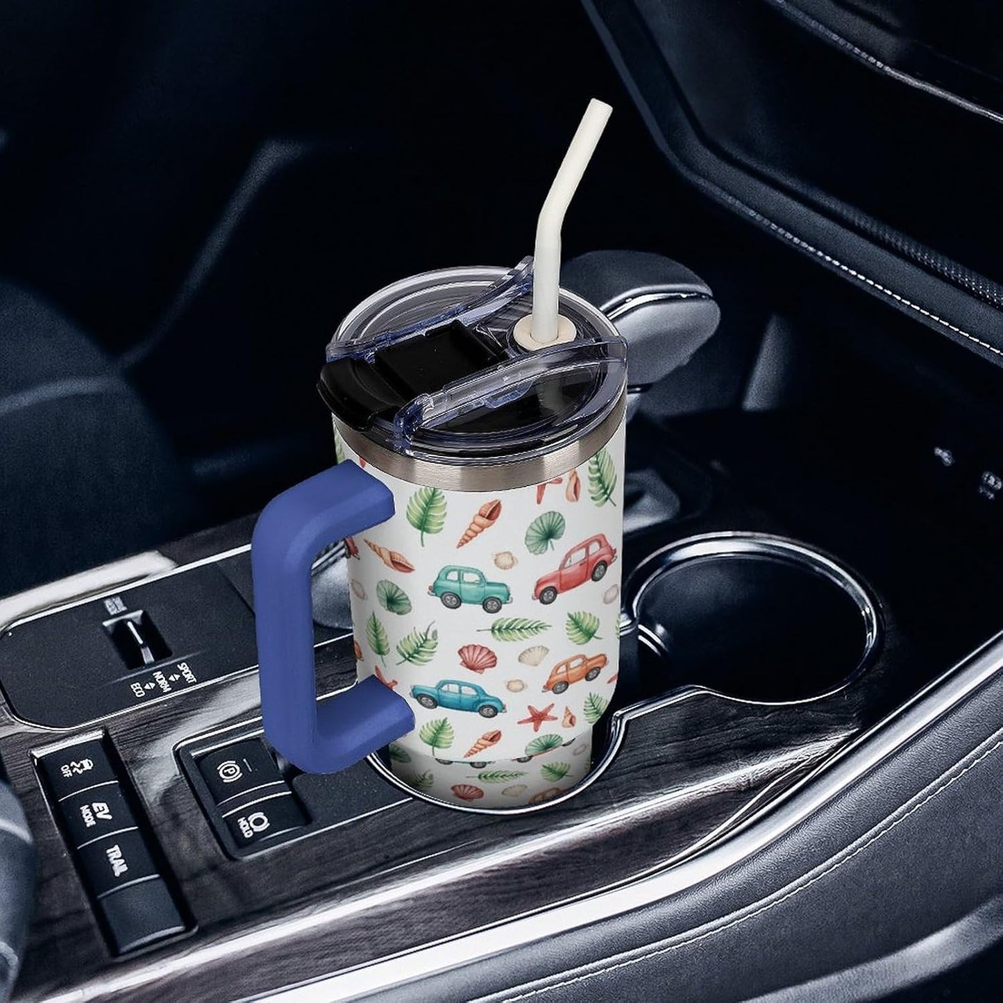 Leakproof Tumbler Vacuum Sealed Car Holder Friendly For Travel Teal And Peach Tropical Palm Leaf Pattern Water Tumbler white-style-23 - Colors C