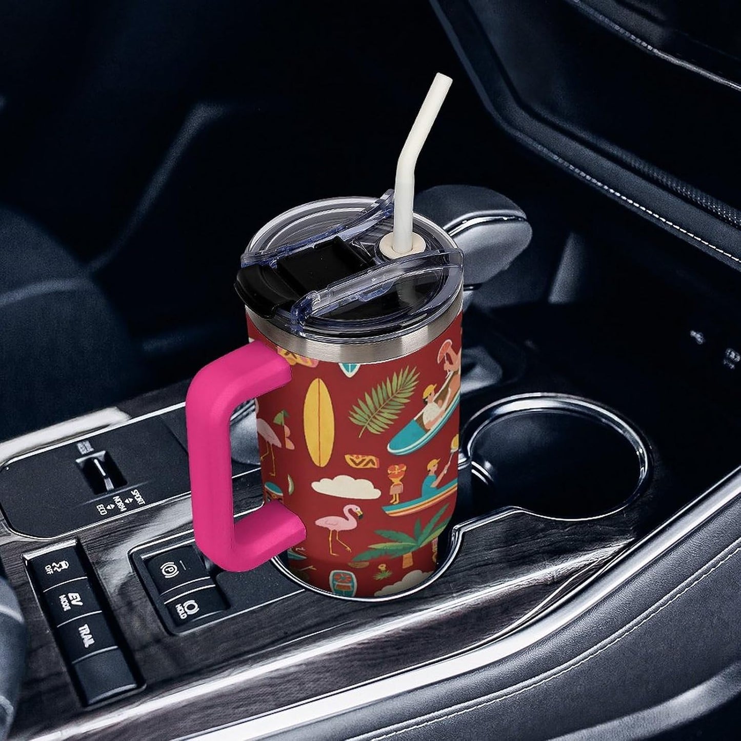 Leakproof Tumbler Vacuum Sealed Car Holder Friendly For Travel Teal And Peach Tropical Palm Leaf Pattern Water Tumbler white-style-23 - Colors C