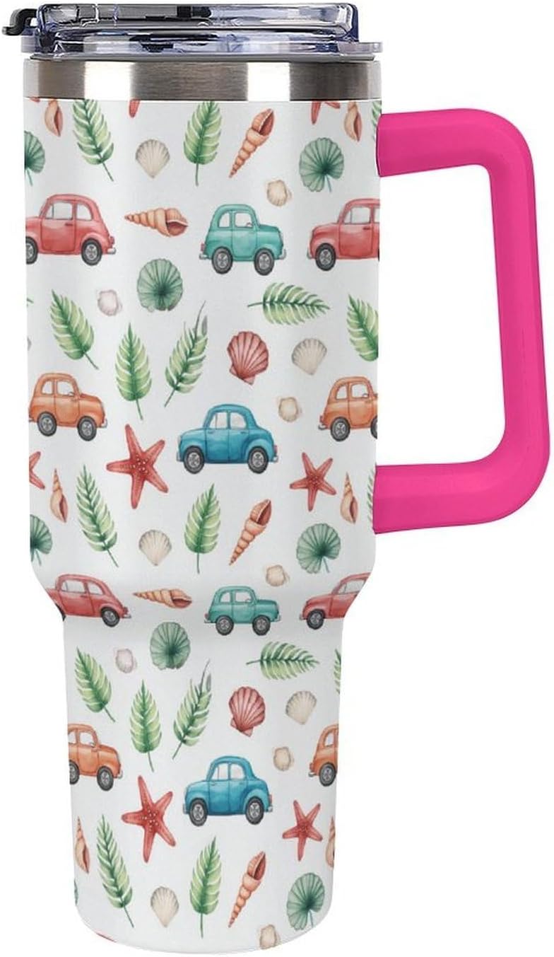 Leakproof Tumbler Vacuum Sealed Car Holder Friendly For Travel Teal And Peach Tropical Palm Leaf Pattern Water Tumbler white-style-23 - Colors C