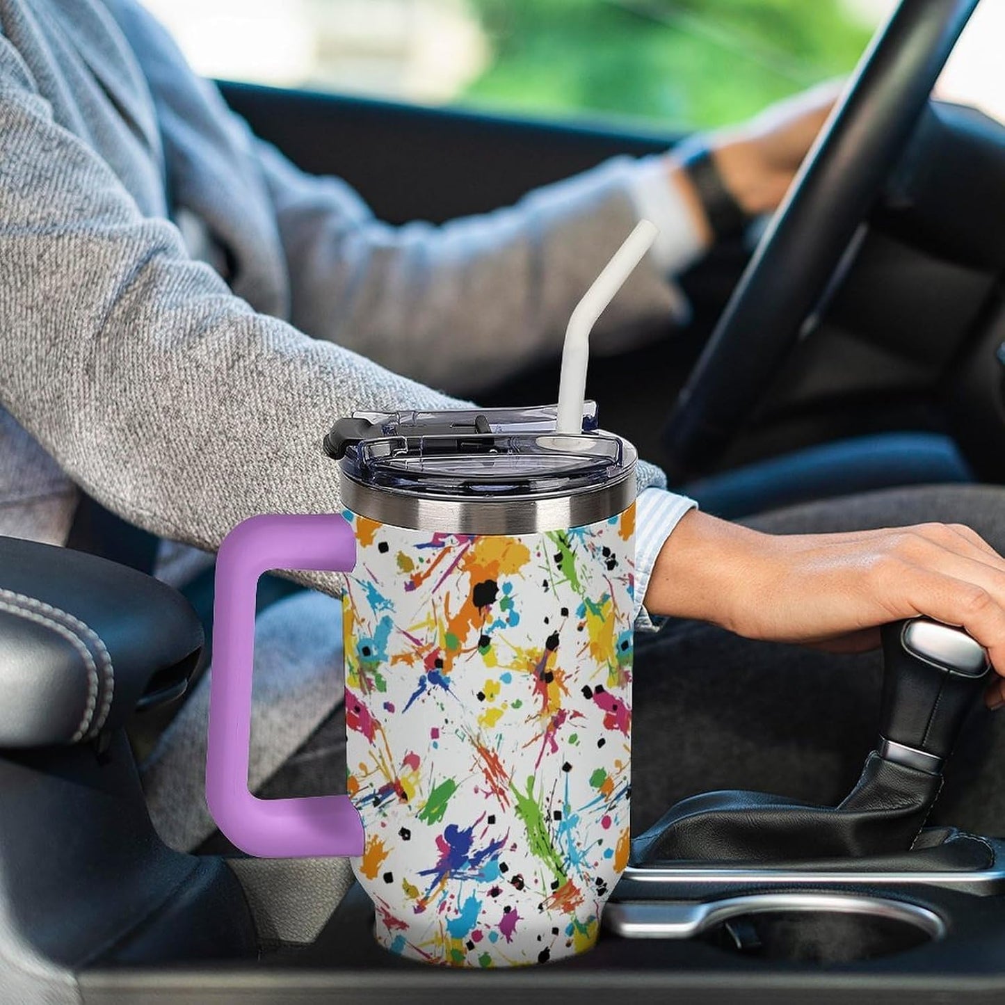 Leakproof Tumbler Vacuum Sealed Car Holder Friendly For Travel Teal And Peach Tropical Palm Leaf Pattern Water Tumbler white-style-23 - Colors C