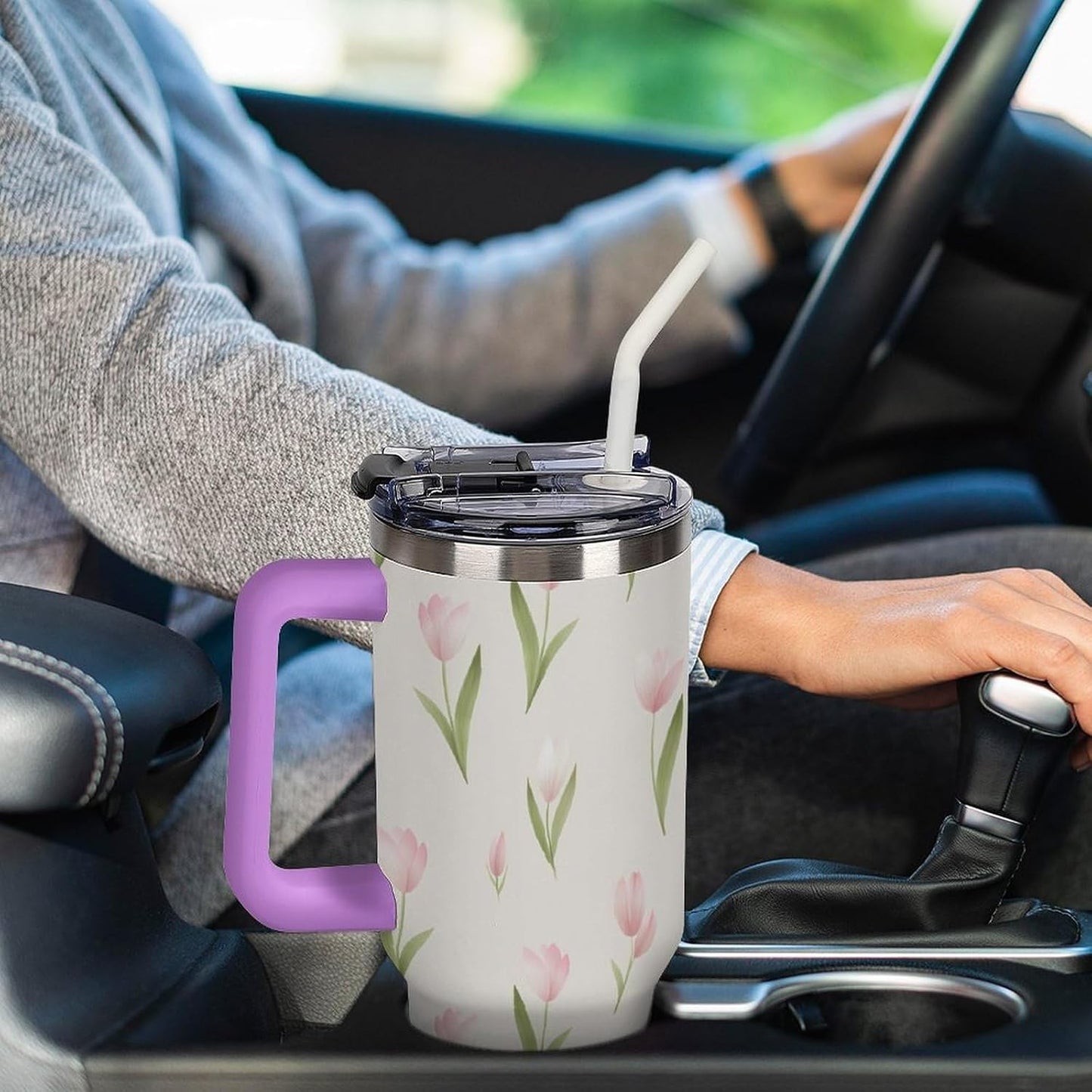 Leakproof Tumbler Vacuum Sealed Car Holder Friendly For Travel Teal And Peach Tropical Palm Leaf Pattern Water Tumbler white-style-23 - Colors C