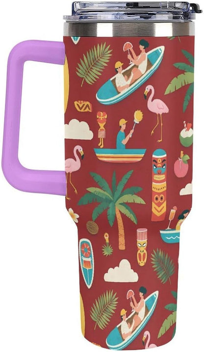 Leakproof Tumbler Vacuum Sealed Car Holder Friendly For Travel Teal And Peach Tropical Palm Leaf Pattern Water Tumbler white-style-23 - Colors C