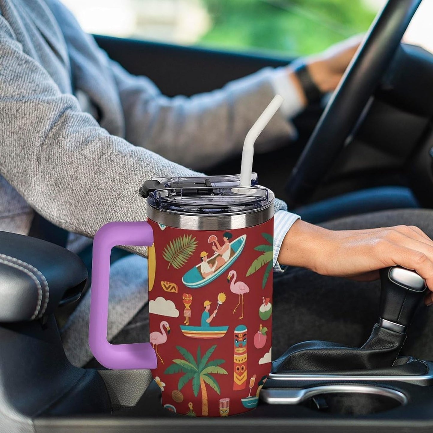 Leakproof Tumbler Vacuum Sealed Car Holder Friendly For Travel Teal And Peach Tropical Palm Leaf Pattern Water Tumbler white-style-23 - Colors C