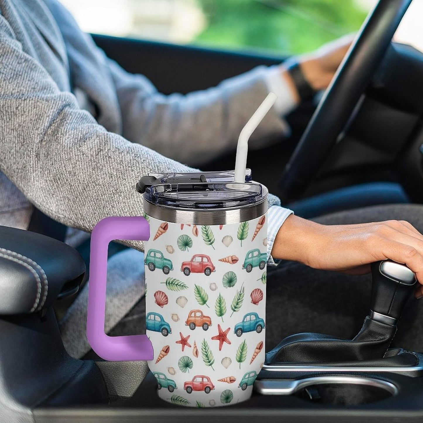 Leakproof Tumbler Vacuum Sealed Car Holder Friendly For Travel Teal And Peach Tropical Palm Leaf Pattern Water Tumbler white-style-23 - Colors C