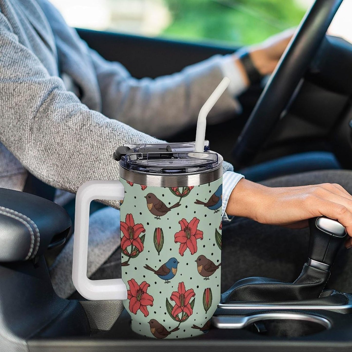 Leakproof Tumbler Vacuum Sealed Car Holder Friendly For Travel Teal And Peach Tropical Palm Leaf Pattern Water Tumbler white-style-23 - Colors C