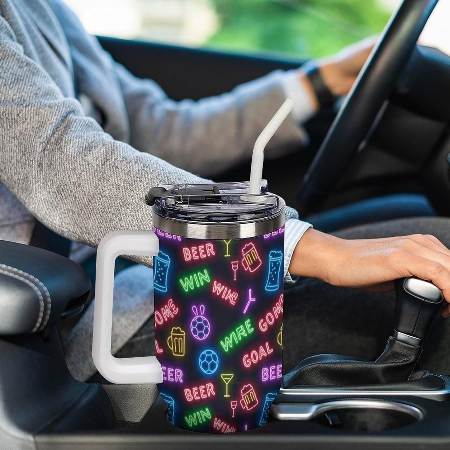 Leakproof Tumbler Vacuum Sealed Car Holder Friendly For Travel Teal And Peach Tropical Palm Leaf Pattern Water Tumbler white-style-23 - Colors C