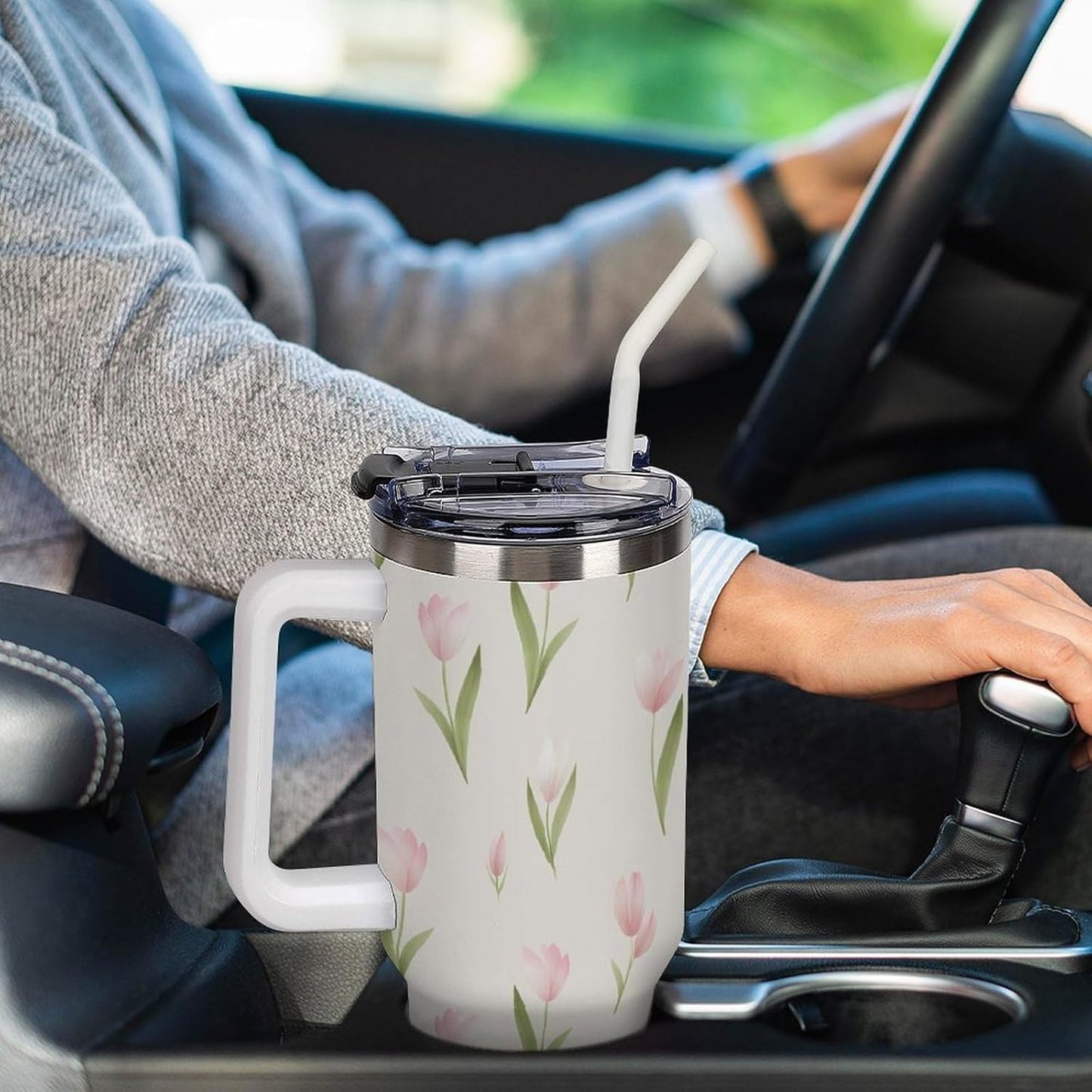 Leakproof Tumbler Vacuum Sealed Car Holder Friendly For Travel Teal And Peach Tropical Palm Leaf Pattern Water Tumbler white-style-23 - Colors C