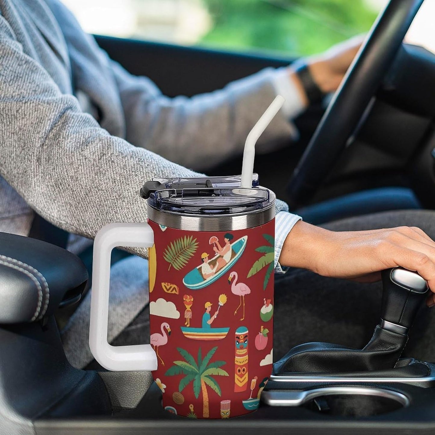 Leakproof Tumbler Vacuum Sealed Car Holder Friendly For Travel Teal And Peach Tropical Palm Leaf Pattern Water Tumbler white-style-23 - Colors C
