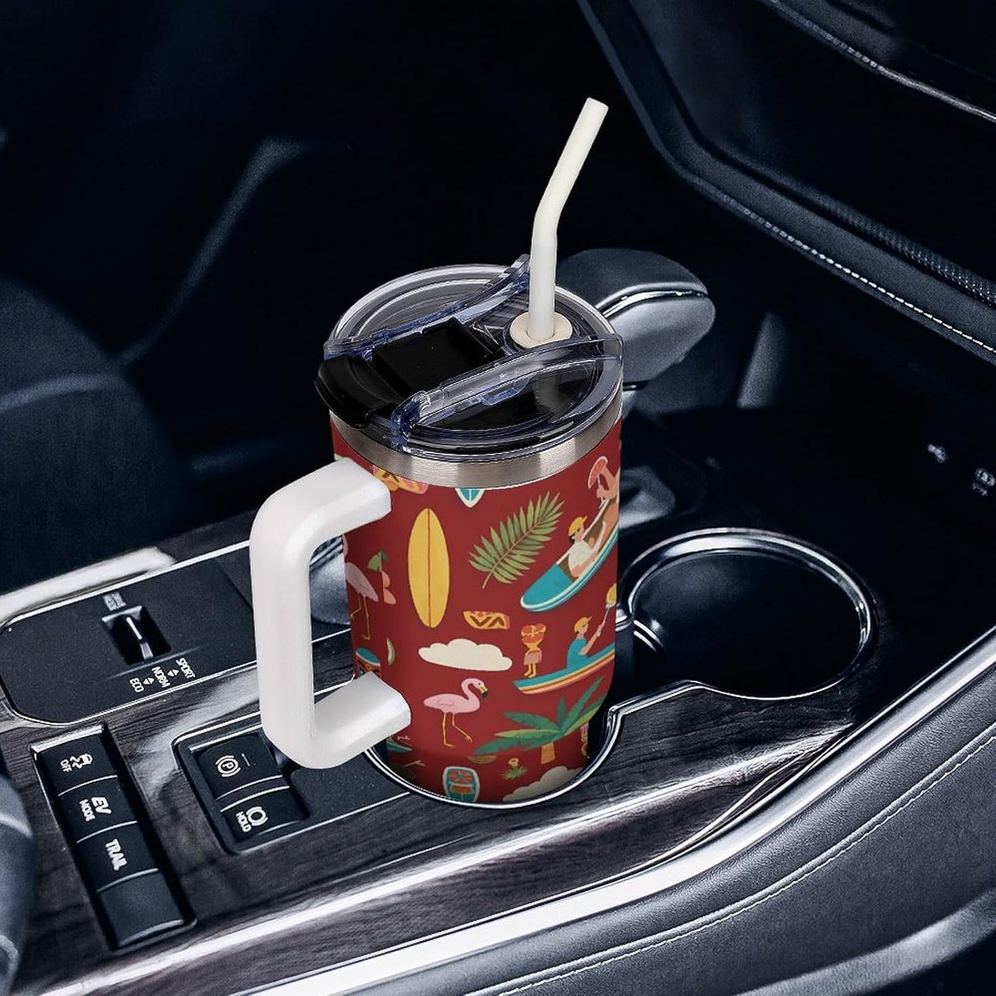 Leakproof Tumbler Vacuum Sealed Car Holder Friendly For Travel Teal And Peach Tropical Palm Leaf Pattern Water Tumbler white-style-23 - Colors C