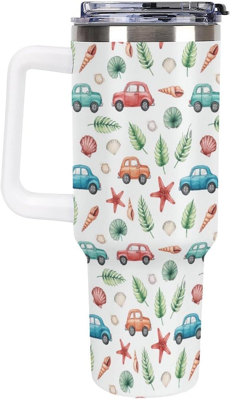 Leakproof Tumbler Vacuum Sealed Car Holder Friendly For Travel Teal And Peach Tropical Palm Leaf Pattern Water Tumbler white-style-23 - Colors C