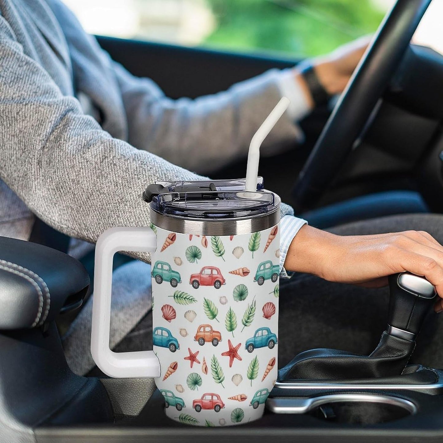 Leakproof Tumbler Vacuum Sealed Car Holder Friendly For Travel Teal And Peach Tropical Palm Leaf Pattern Water Tumbler white-style-23 - Colors C