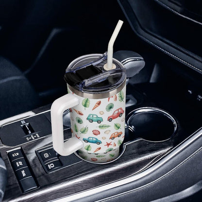Leakproof Tumbler Vacuum Sealed Car Holder Friendly For Travel Teal And Peach Tropical Palm Leaf Pattern Water Tumbler white-style-23 - Colors C
