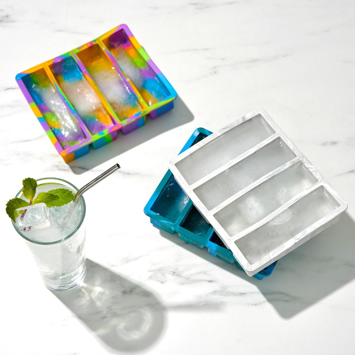 Ice Cube Tray, Makes Four 5-Inch Long Cubes, Durable Silicone Trays with Easy Release Design, Perfect for Water Bottles and Highball Glasses, Home Bar Accessories, Set of 1, Marble