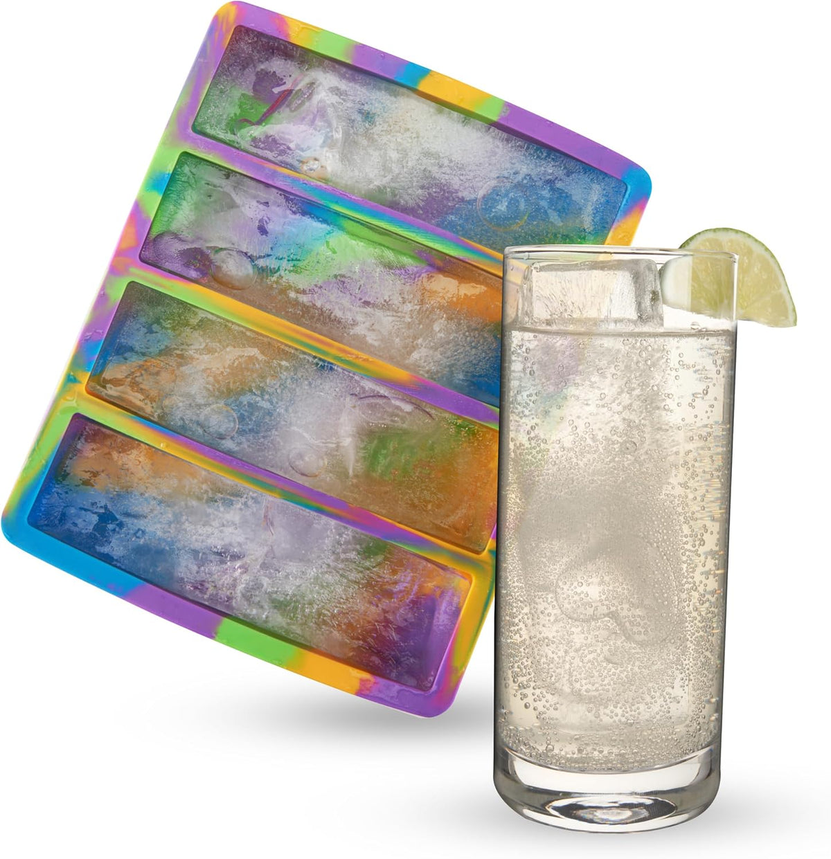Ice Cube Tray, Makes Four 5-Inch Long Cubes, Durable Silicone Trays with Easy Release Design, Perfect for Water Bottles and Highball Glasses, Home Bar Accessories, Set of 1, Marble