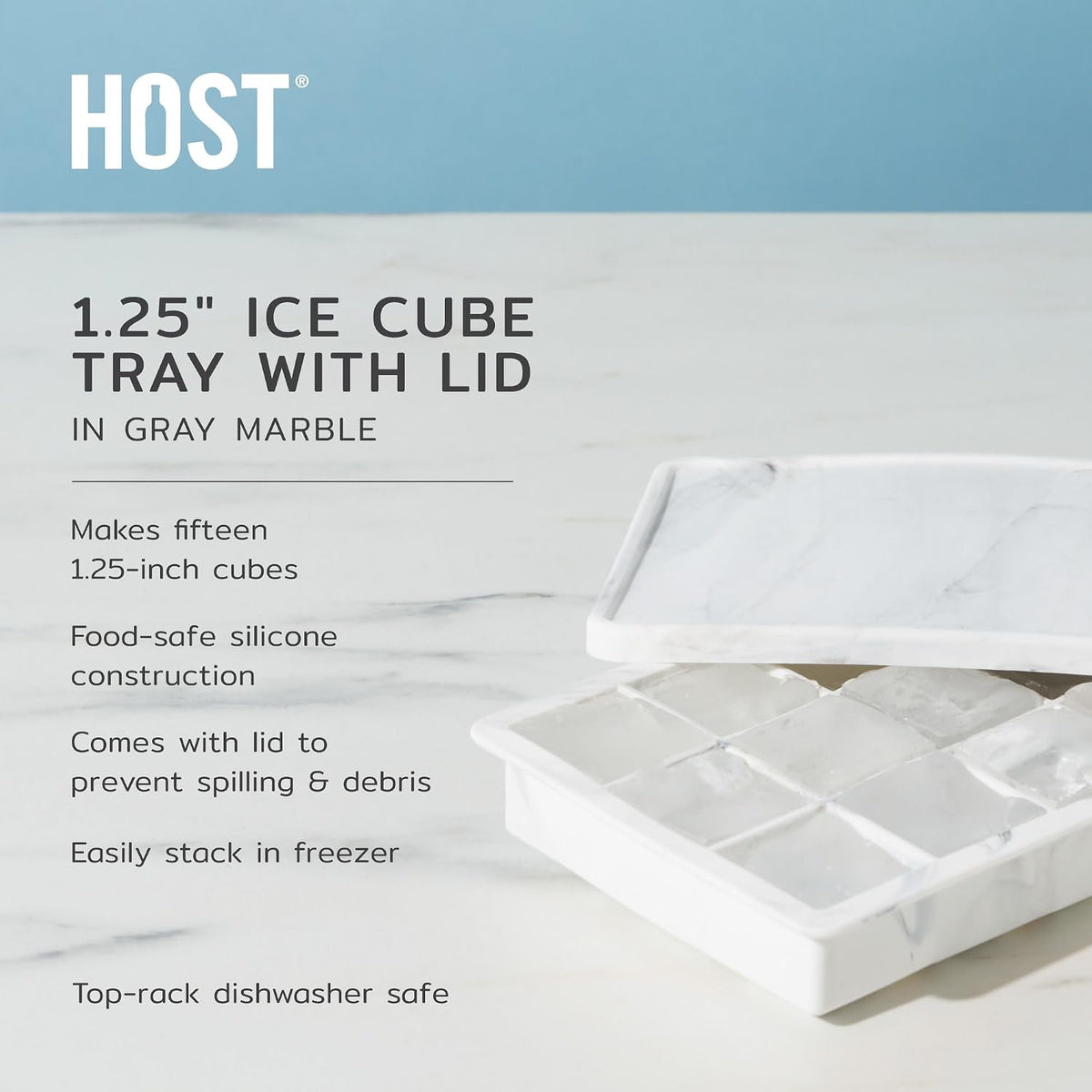 Ice Cube Tray, Makes Four 5-Inch Long Cubes, Durable Silicone Trays with Easy Release Design, Perfect for Water Bottles and Highball Glasses, Home Bar Accessories, Set of 1, Marble
