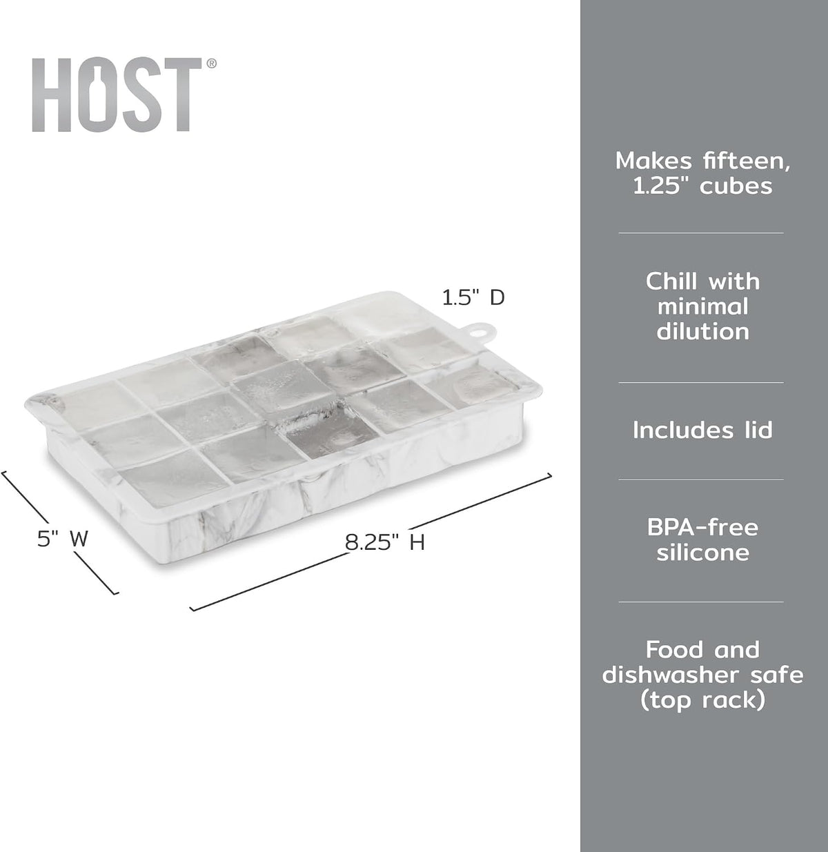 Ice Cube Tray, Makes Four 5-Inch Long Cubes, Durable Silicone Trays with Easy Release Design, Perfect for Water Bottles and Highball Glasses, Home Bar Accessories, Set of 1, Marble