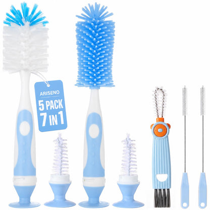 Ariseno 7-in-1 Baby Bottle Cleaner Set, Including Nylon & Silicone Bottle Brush, Cap, Straw & Nipple Brushes, BPA-Free (Gray)