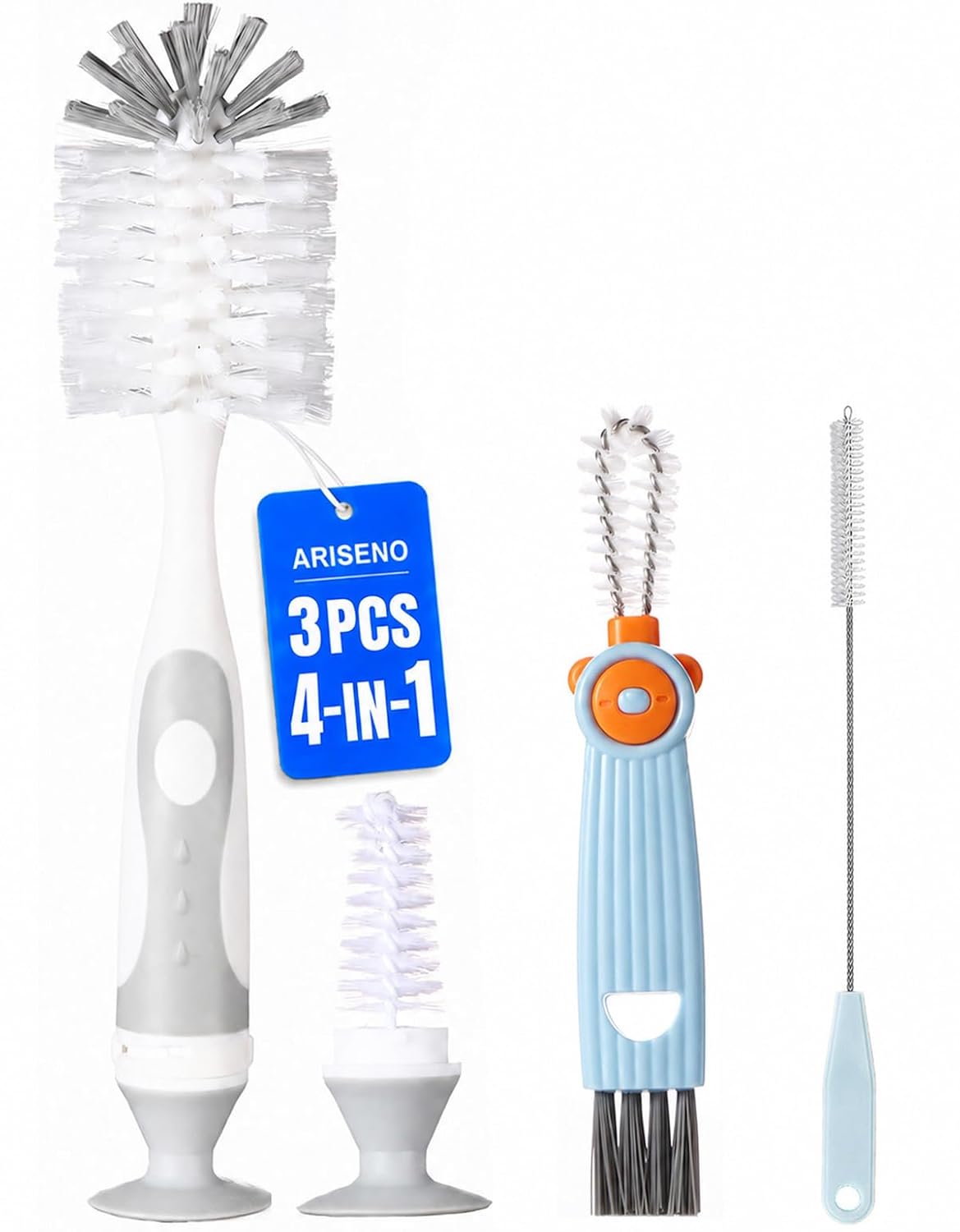 Ariseno 7-in-1 Baby Bottle Cleaner Set, Including Nylon & Silicone Bottle Brush, Cap, Straw & Nipple Brushes, BPA-Free (Gray)