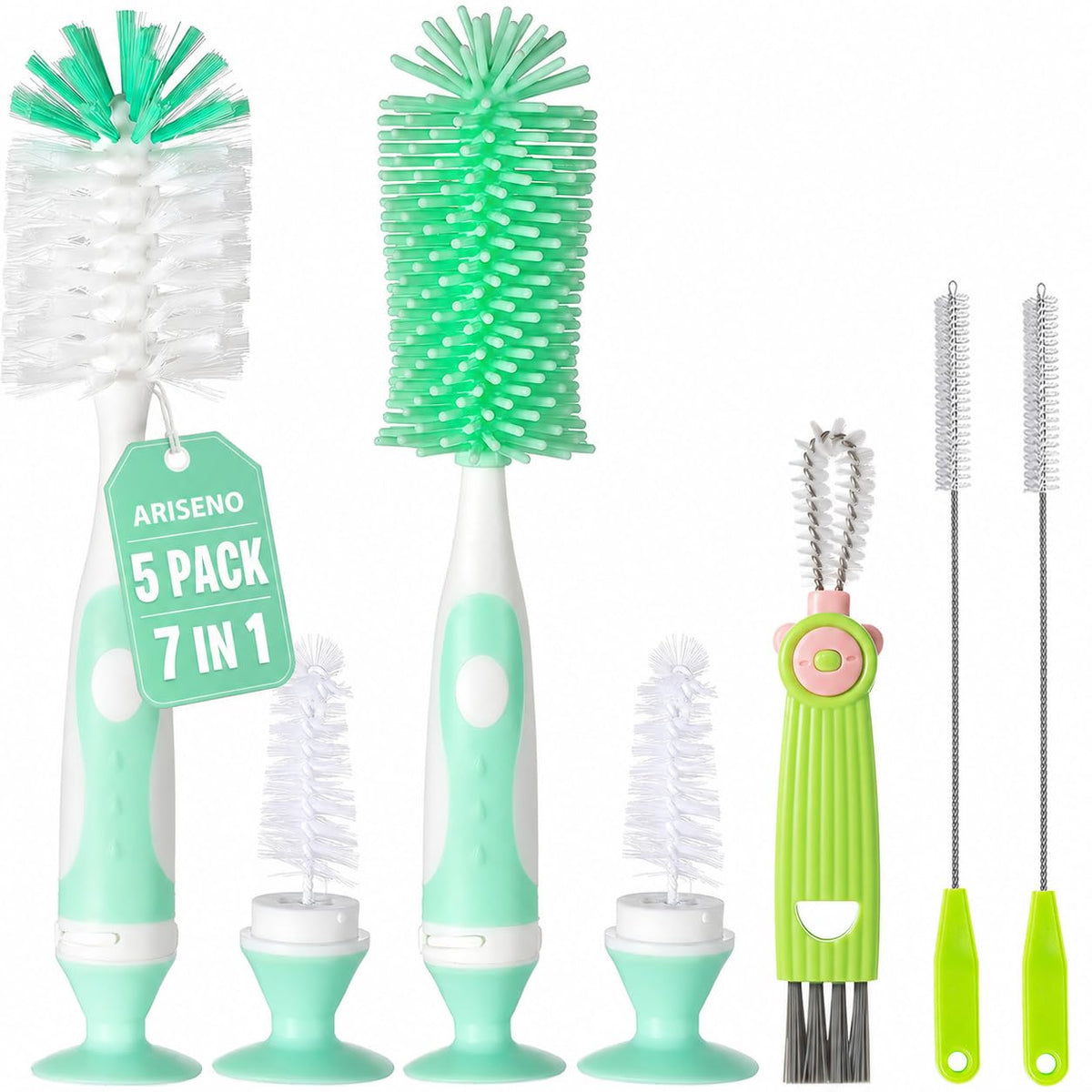 Ariseno 7-in-1 Baby Bottle Cleaner Set, Including Nylon & Silicone Bottle Brush, Cap, Straw & Nipple Brushes, BPA-Free (Gray)
