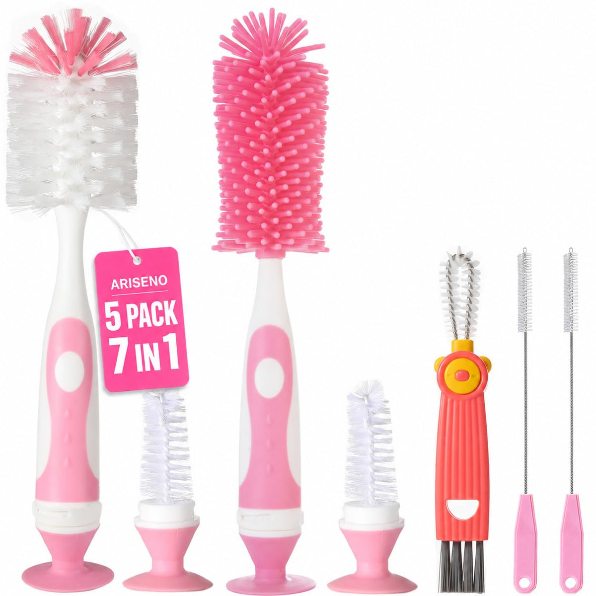 Ariseno 7-in-1 Baby Bottle Cleaner Set, Including Nylon & Silicone Bottle Brush, Cap, Straw & Nipple Brushes, BPA-Free (Gray)