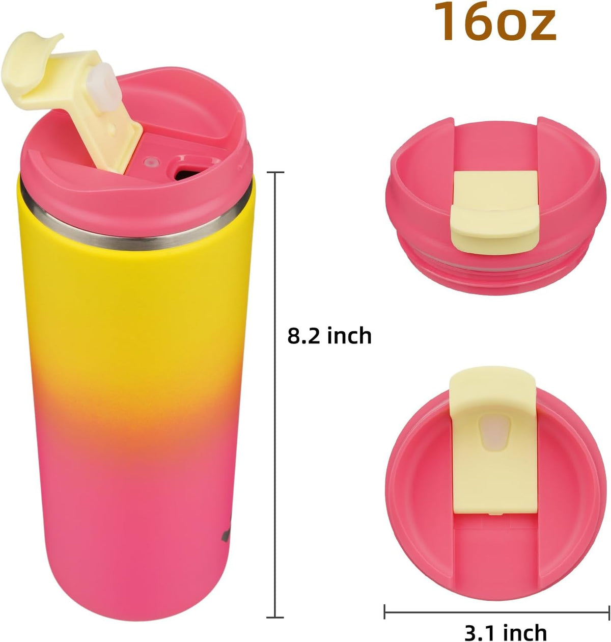 16oz Travel Coffee Mug with Lid, Insulated Stainless Tumbler