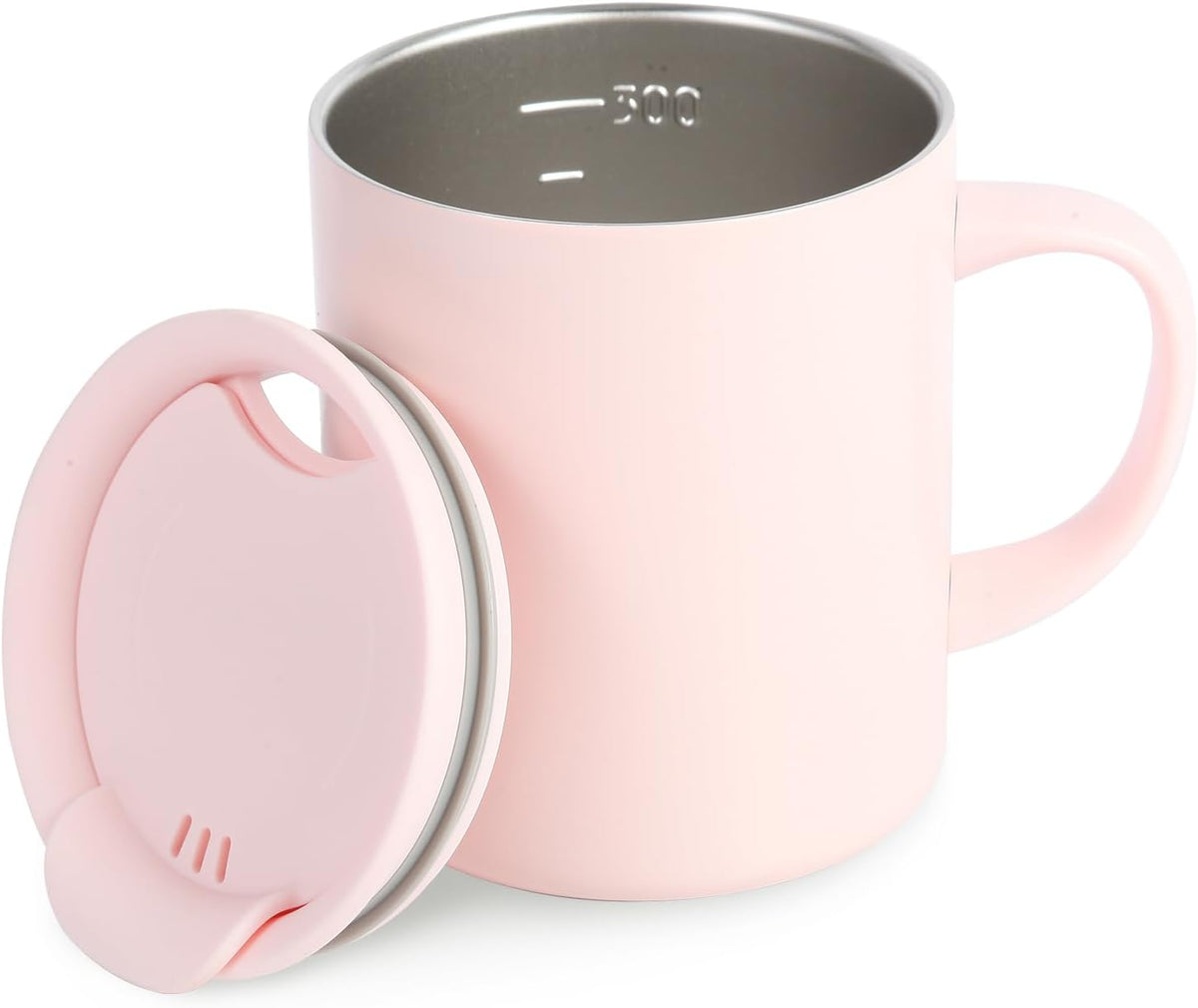 12oz Insulated Coffee Mug with Handle and Lid - 316 Stainless Steel Travel Coffee Mug, Spill Proof Coffee Tumbler for Office, Travel, Camping - Internal ML Scale, Pink