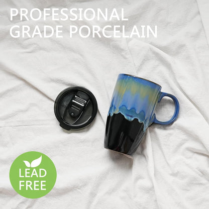 Ceramic Travel Coffeel Mug with Handle and Lid, 18 oz, Portable Coffee Cup for Car Cup Holder, Microwave and Dishwasher Safe, Reactive Glaze (Grey)