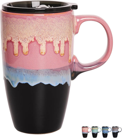 Ceramic Travel Coffeel Mug with Handle and Lid, 18 oz, Portable Coffee Cup for Car Cup Holder, Microwave and Dishwasher Safe, Reactive Glaze (Grey)