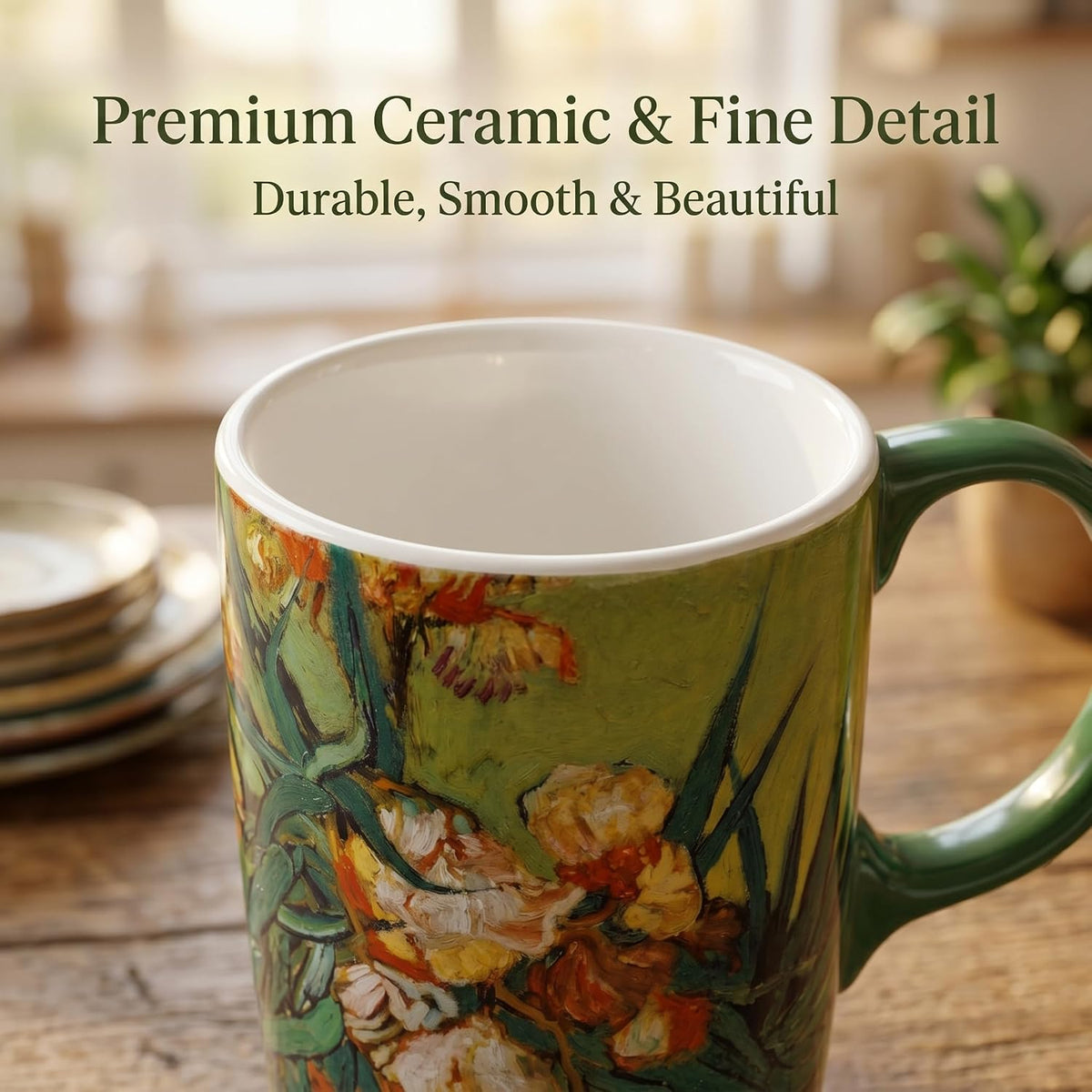 17oz Van Gogh Wheat Field Ceramic Travel Mug with Lid & Gift Box | Post Impressionist Art Coffee Cup, Microwave & Dishwasher Safe Large Latte Tea Mug, Car cupholder fit